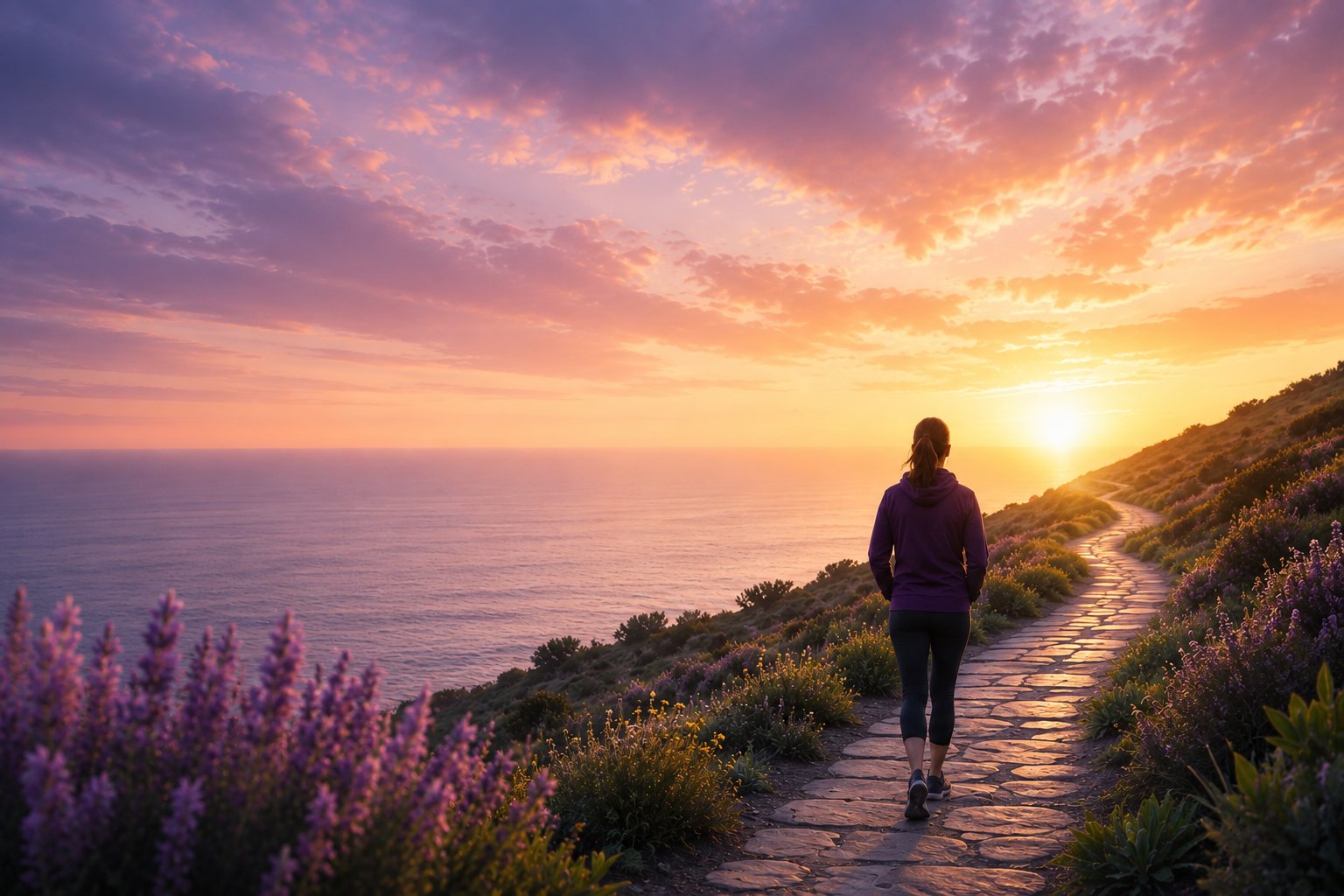 A person walking along a coastal path at sunset