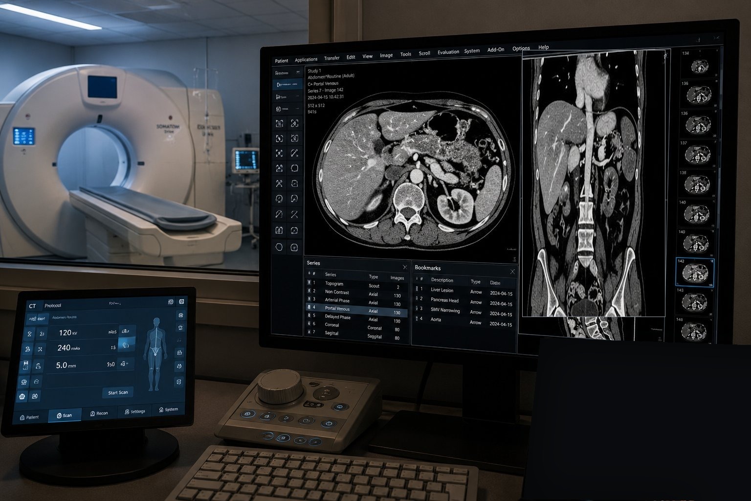 A CT scanner and radiology workstation displaying pancreas-protocol abdominal imaging