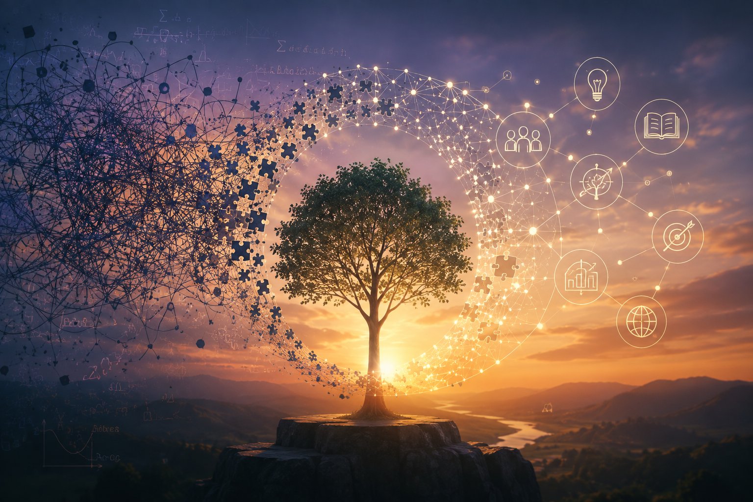 Illustration of a tree connected to a network of knowledge and care, symbolizing growth from informed, coordinated support